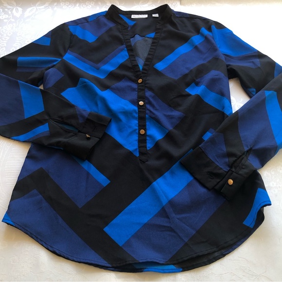 New York & Company Women’s Blue/Black Blouse Size M V-Neck Long Sleeves Shirt - Picture 16 of 16